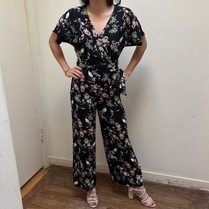 Banana Republic Black Patterned Bird and Floral Tie Jumpsuit NWOT